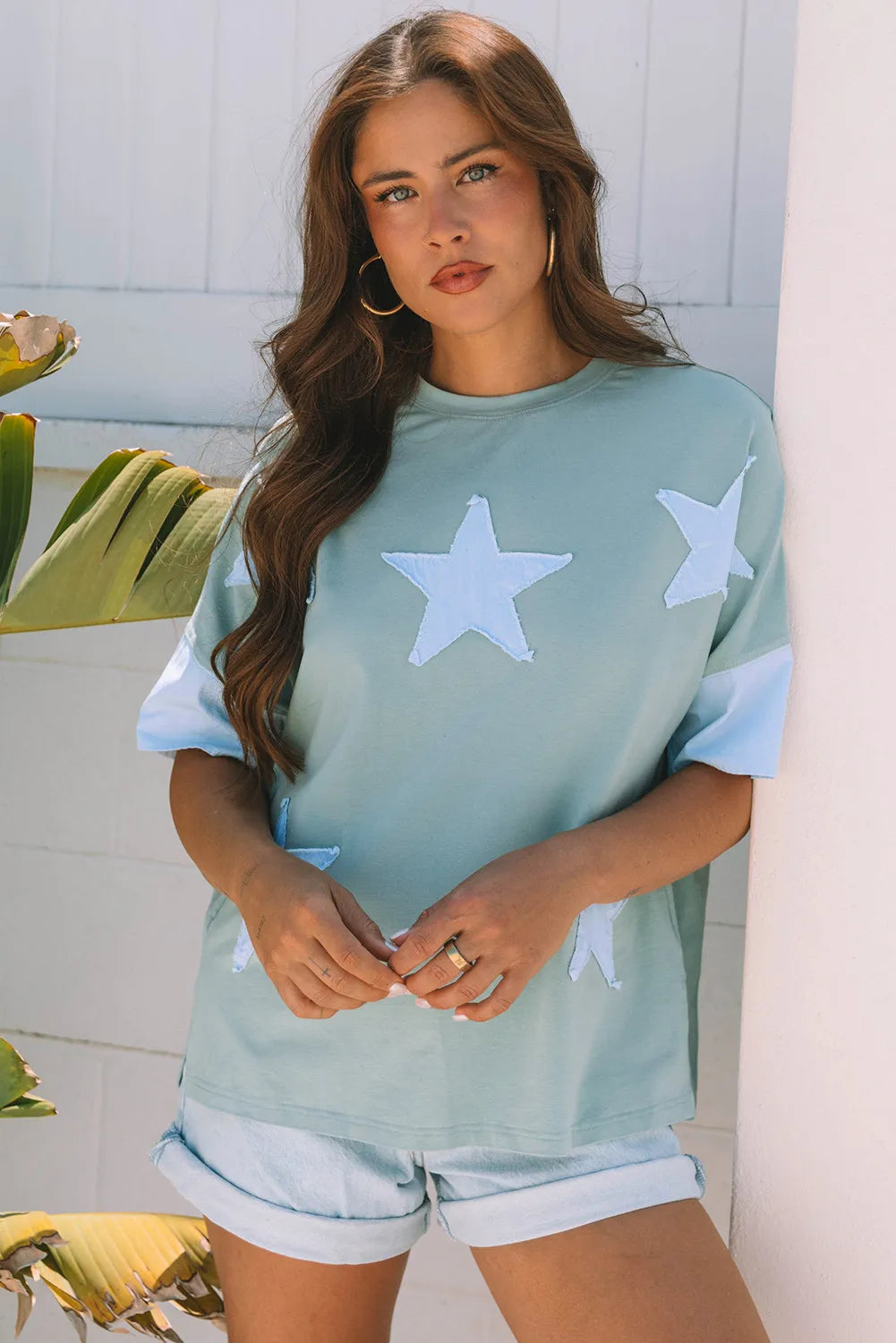 Oversized T-Shirt with Star Patches and Contrast Sleeves