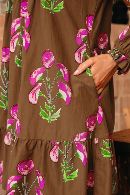 Women's Brown Floral Puff Sleeve Summer Mini Dress