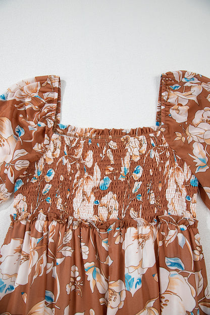 Women's Brown Floral Square Neck Summer Midi Dress