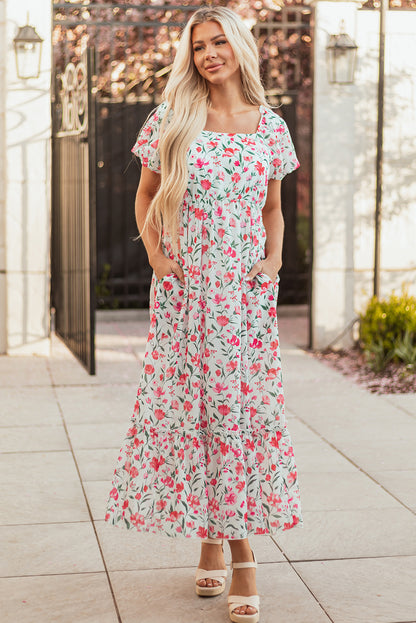 Women's Pink Floral Puff Sleeve Summer Maxi Dress