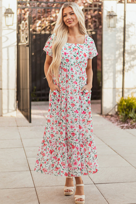 Women's Pink Floral Puff Sleeve Summer Maxi Dress