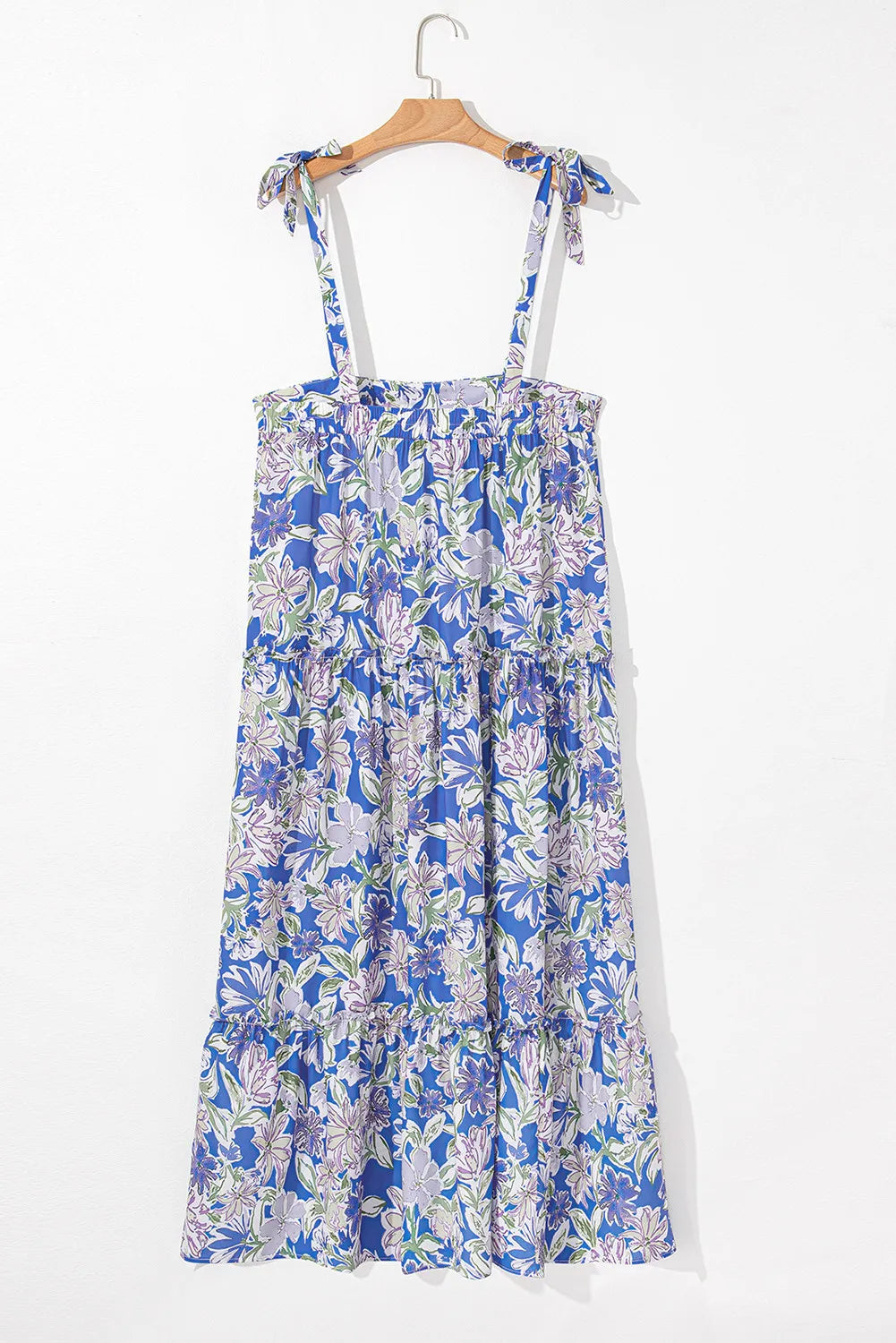 Sky Blue Floral Maxi Dress with Ruffle Tiers and Tie Straps