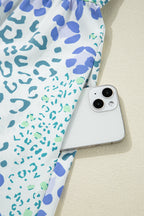 Sky Blue Leopard Contrast Bow Puff Sleeve Mini Dress