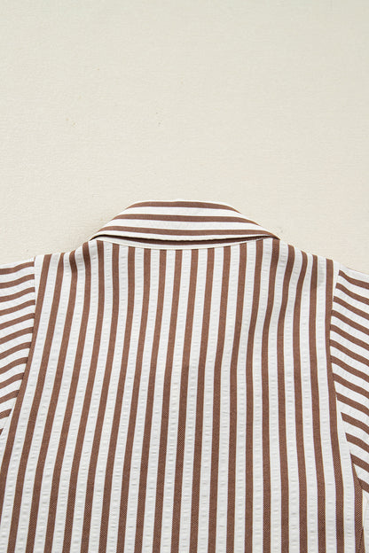 Women's Brown Stripe Puff Sleeve Summer Mini Dress