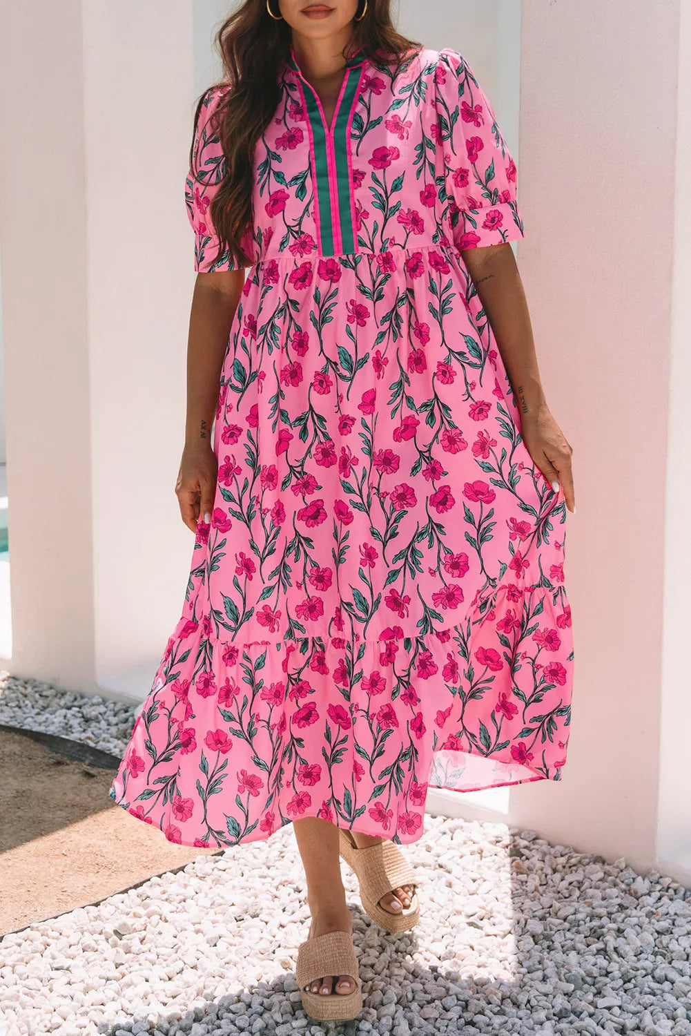 Pink Floral A-line Maxi Dress with Puff Sleeves