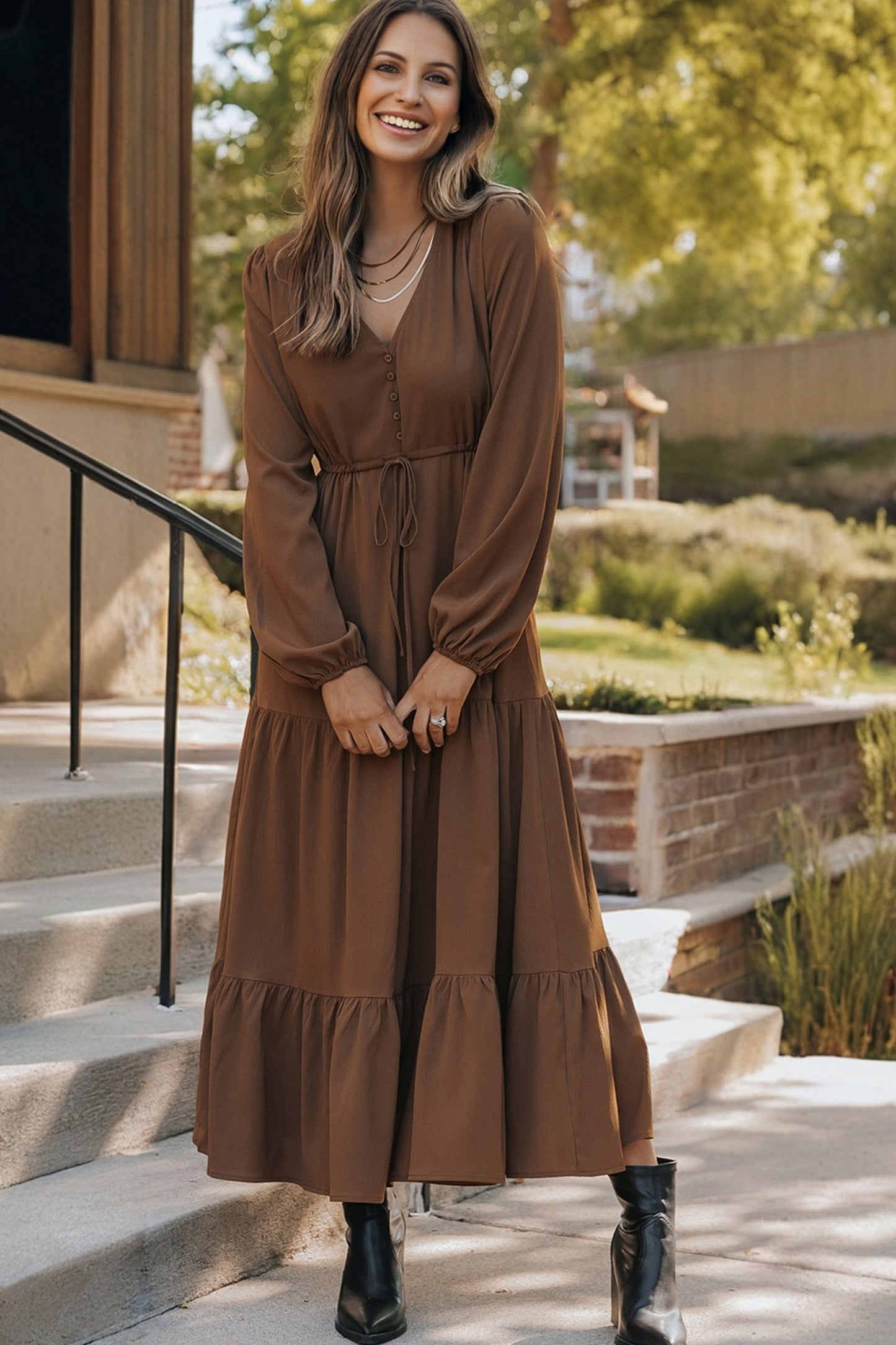 Women's Brown Long Sleeve V Neck Summer Maxi Dress