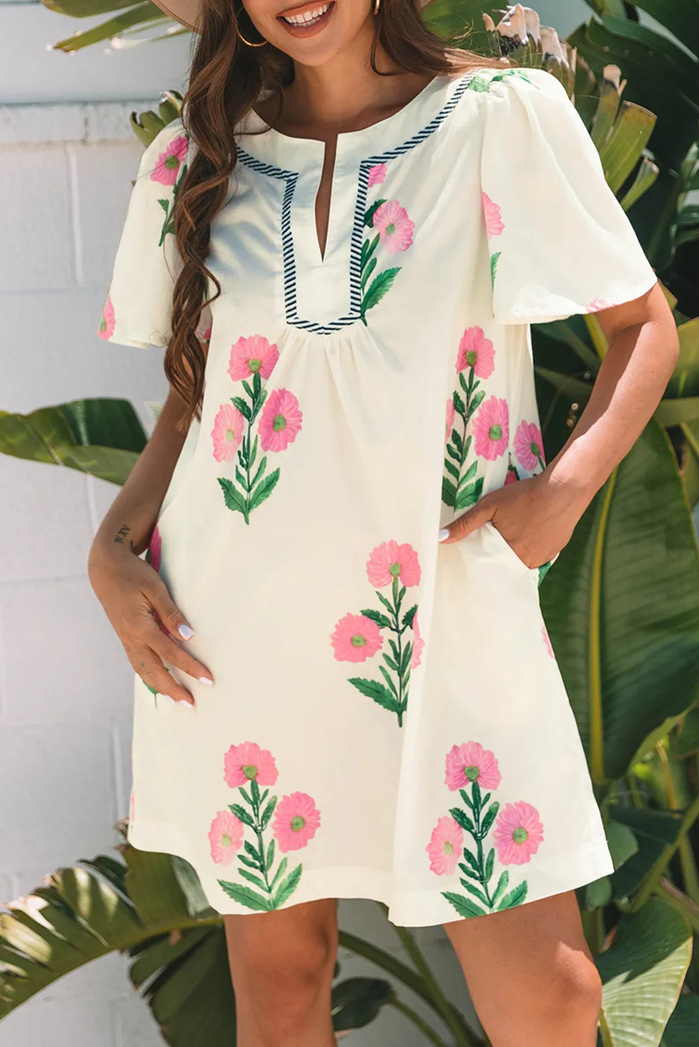 Bloom Pop Split-Neck Mini Dress
