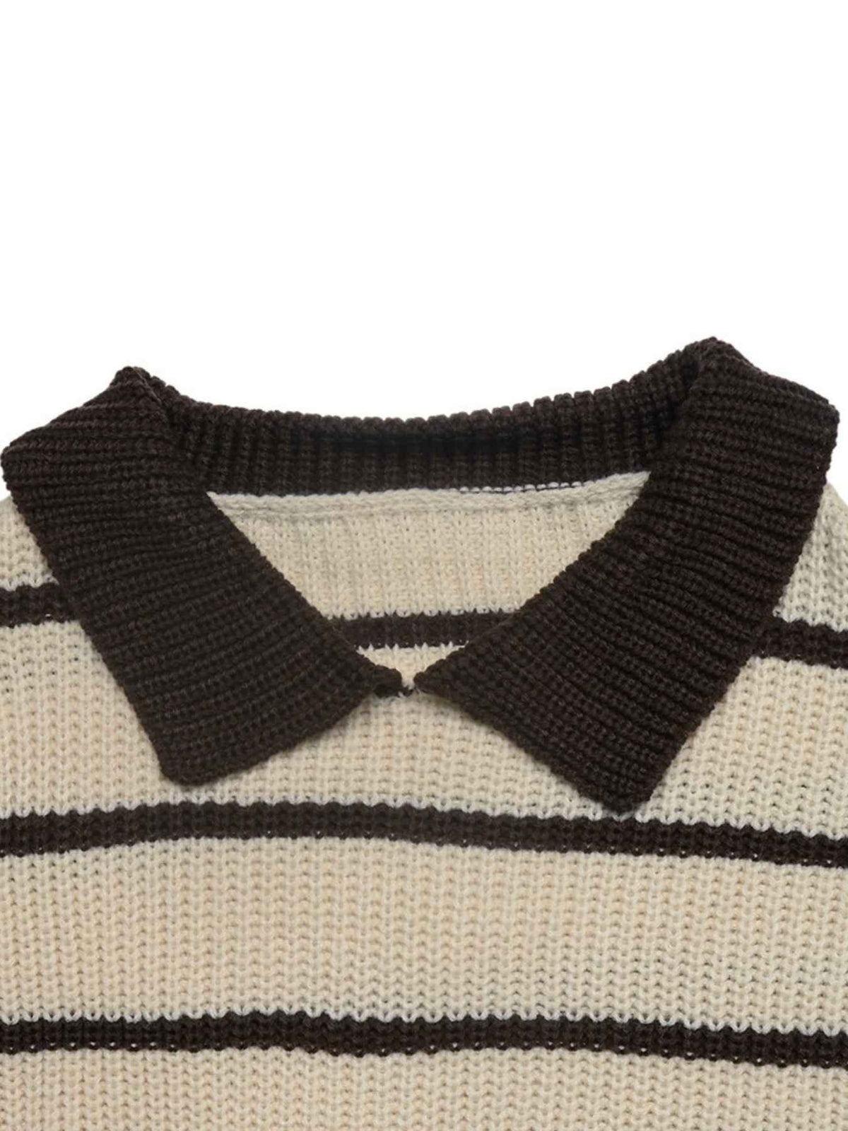 Close-up of a knit polo sweater with a dark brown ribbed collar and horizontal dark brown stripes on a cream-colored knit body.