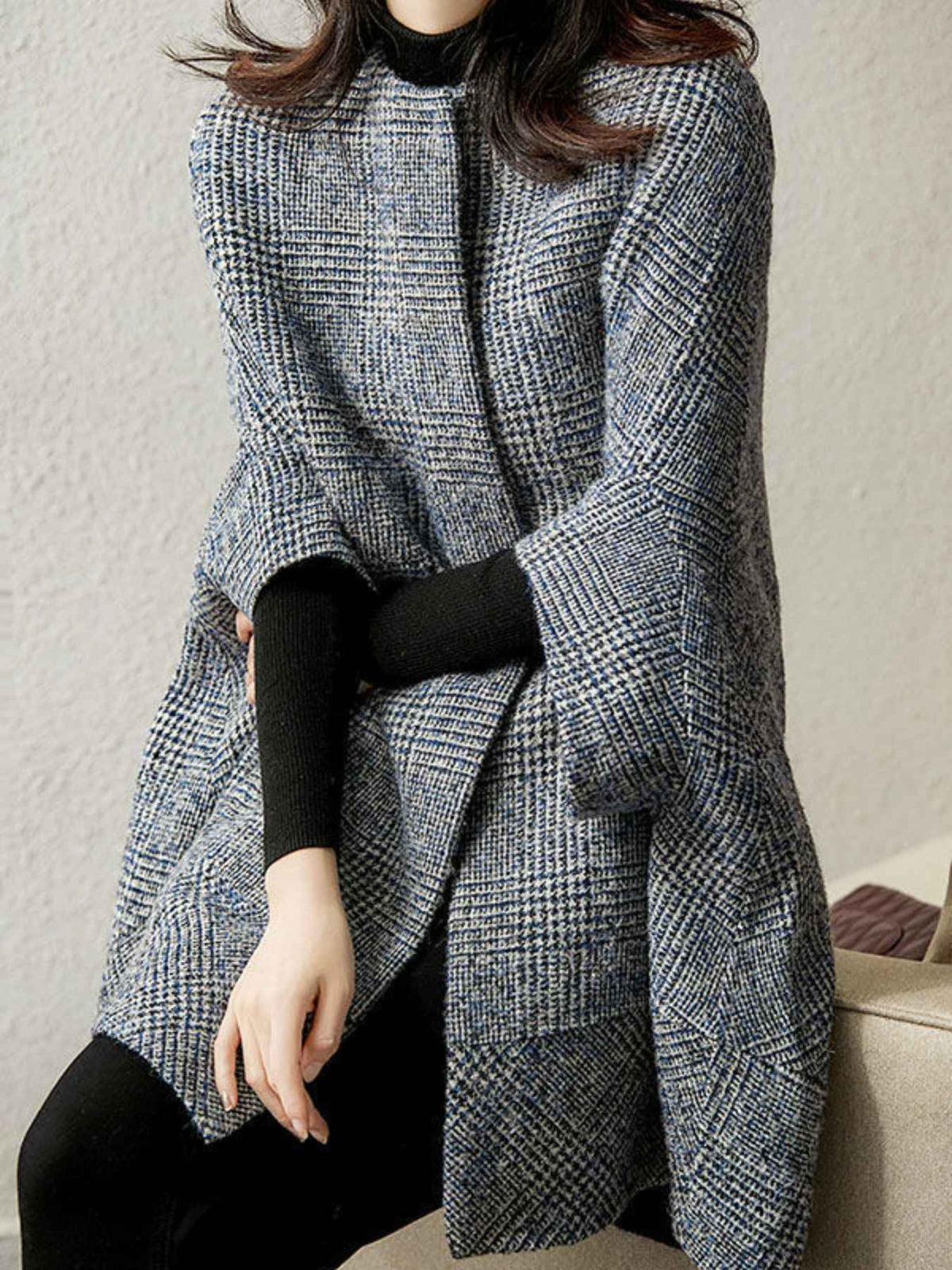 Stand Collar Snap Front Check Cape Coat