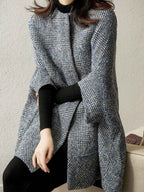 Stand Collar Snap Front Check Cape Coat