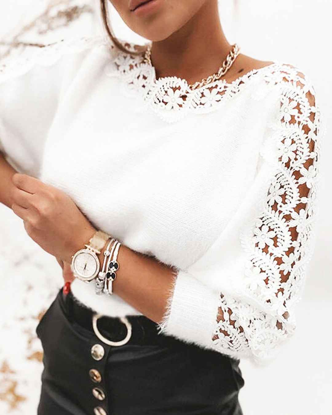 Boat Neck Lace Sleeve Fluffy Knit Jumper