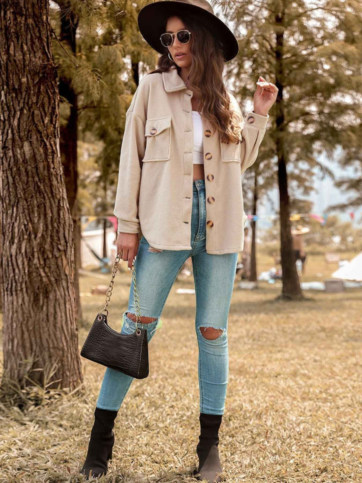 Button Through Flap Pocket Oversized Fleece Shacket