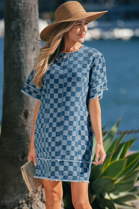 Women's Blue Frayed Hem Checkered Denim Summer Mini Dress