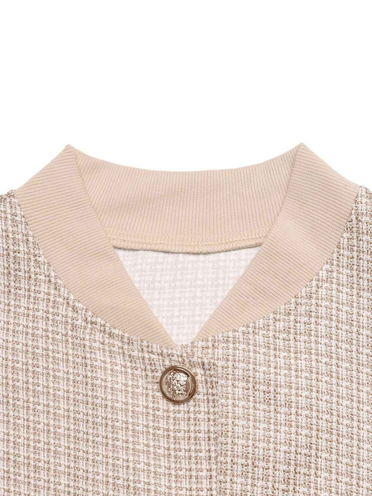 Gold Button Ribbed Trim Pocket Tweed Bomber Jacket