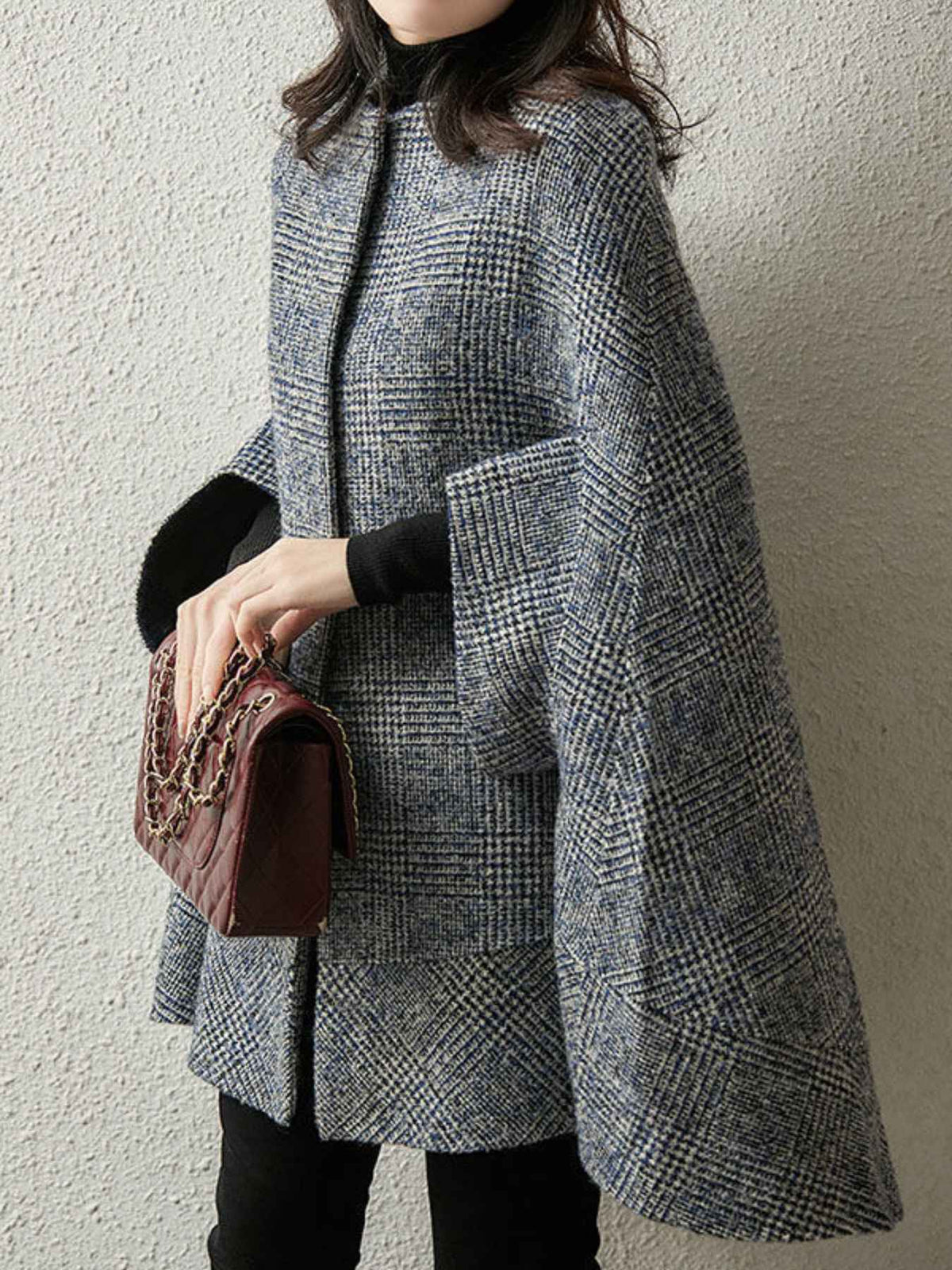 Stand Collar Snap Front Check Cape Coat
