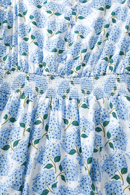 Women's Blue Floral Ruffle Trim Flutter Sleeve Summer Midi Dress