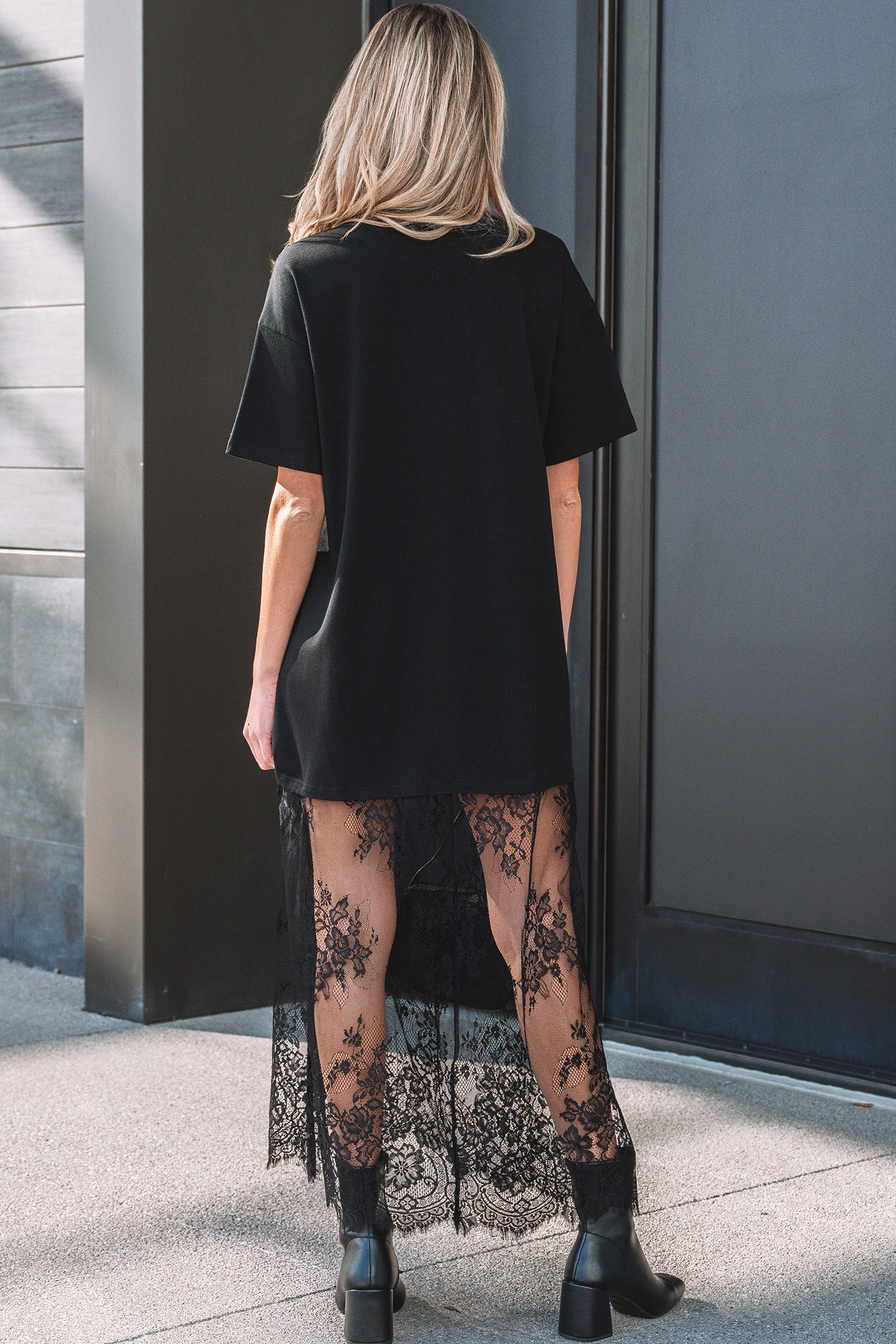 Black Floral Patchwork Short Sleeve T Shirt Loose Maxi Dress