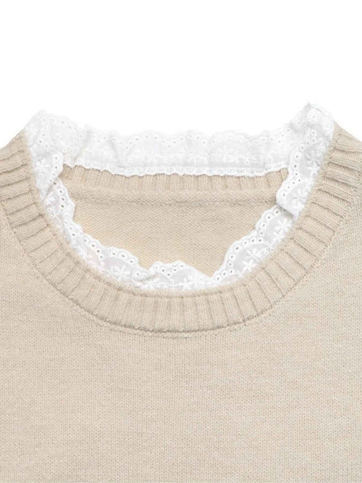 Broderie Lace Trim Crew Neck Layered Knit Jumper