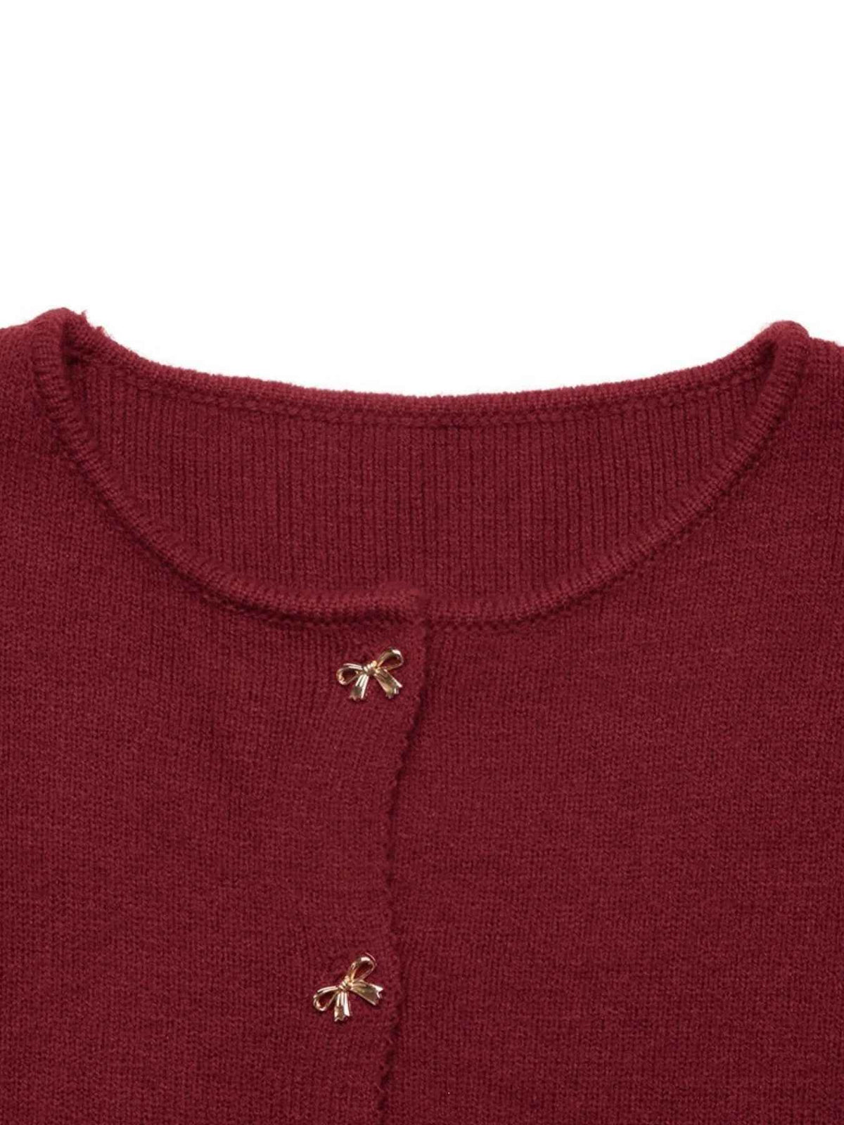 Gold Bow Button Crew Neck Soft Knit Cardigan
