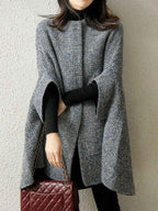 Stand Collar Snap Front Check Cape Coat