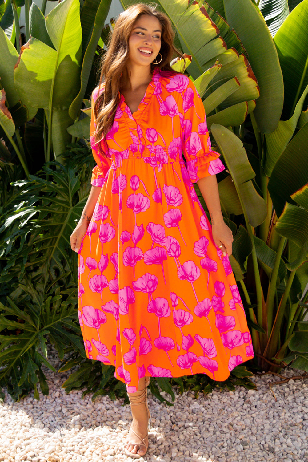 Women's Orange Floral V Neck Summer Midi Dress