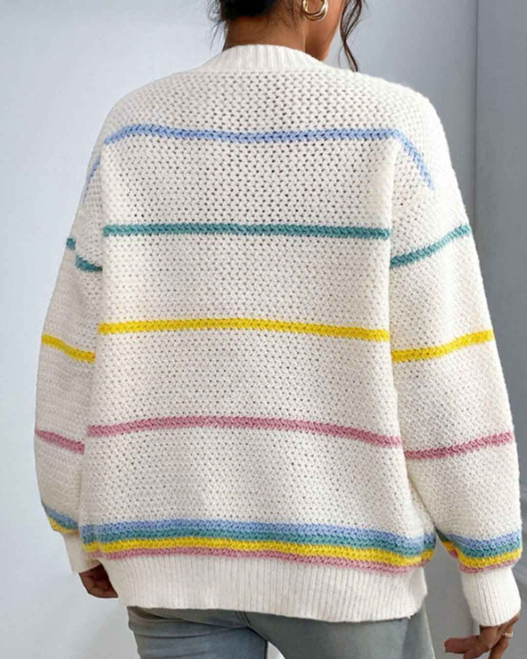 Open Front Rainbow Stripe Pocket Knit Cardigan