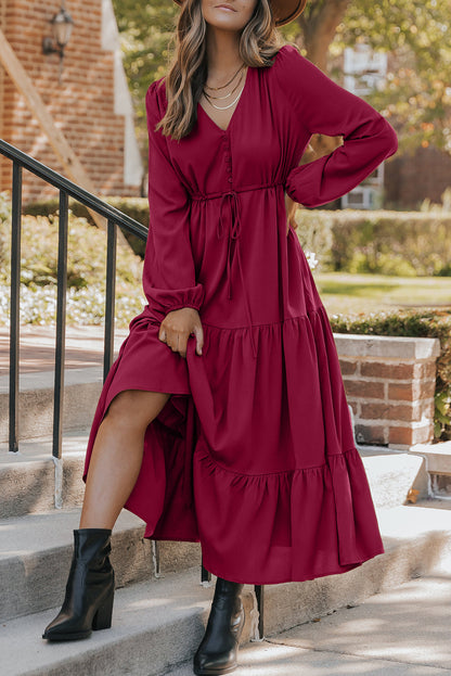 Women's Burgundy Long Sleeve V Neck Summer Maxi Dress
