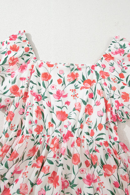 Women's Pink Floral Puff Sleeve Summer Maxi Dress