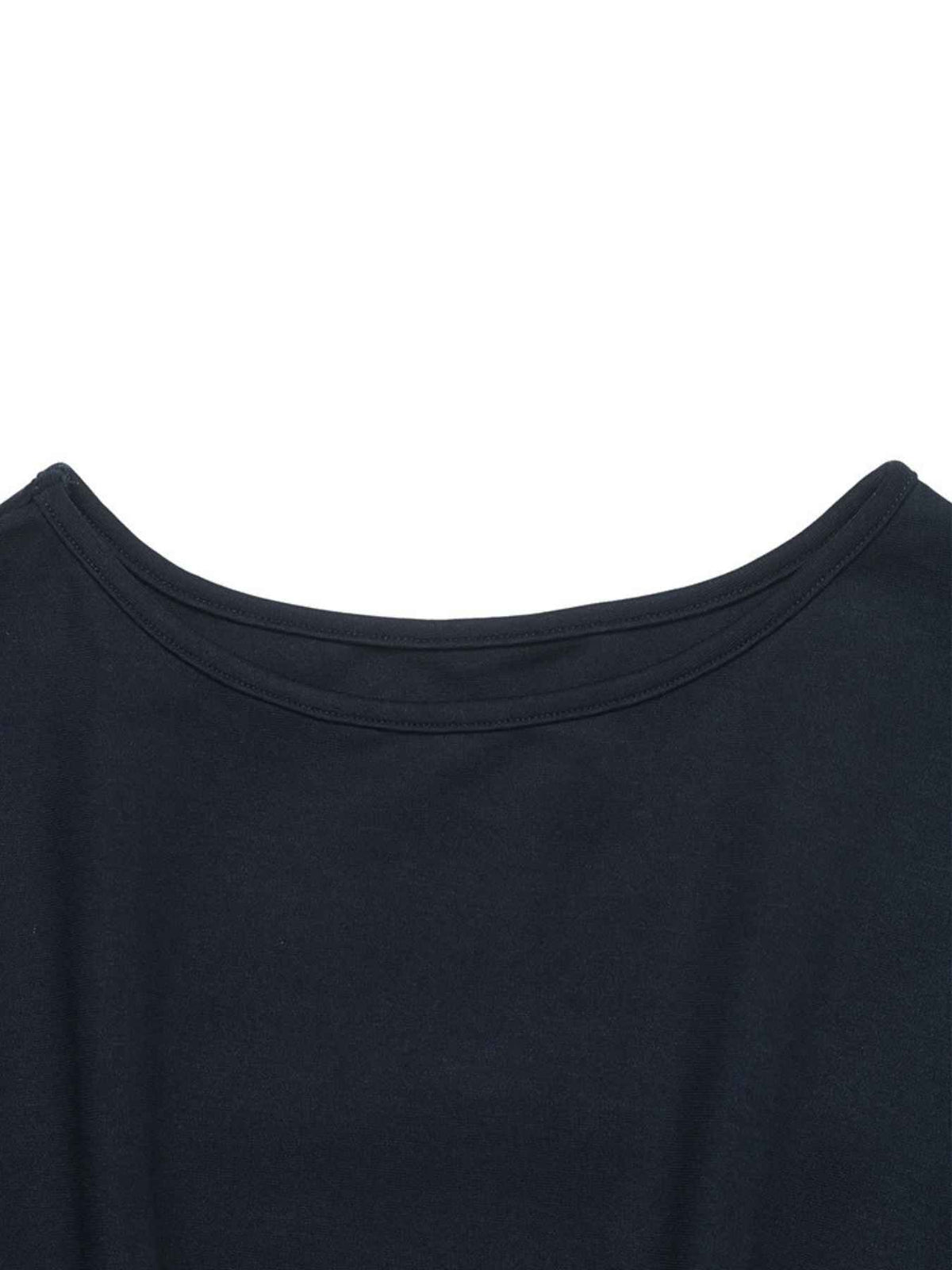 Close-up of a black crew-neck t-shirt against a solid white background.