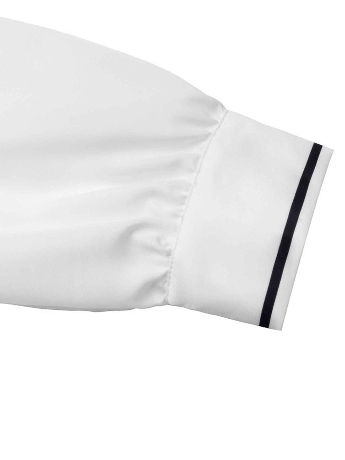 Close-up of a white sleeve or cuff with a thin black pinstripe along the edge, shown on a plain white background.