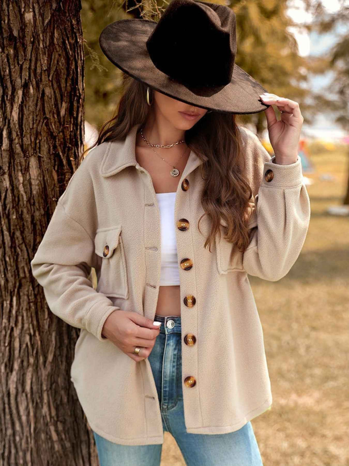 Button Through Flap Pocket Oversized Fleece Shacket