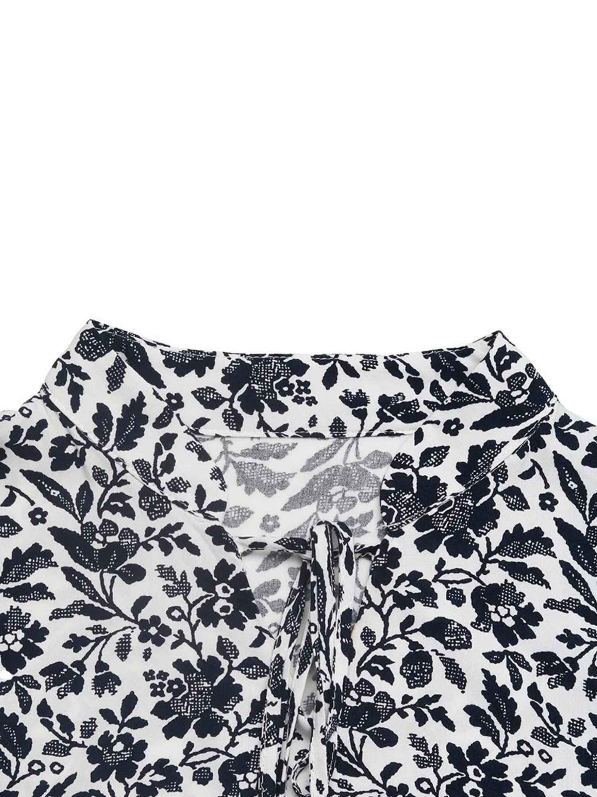 Lace Insert Balloon Sleeve Tie Neck Ditsy Floral Blouse