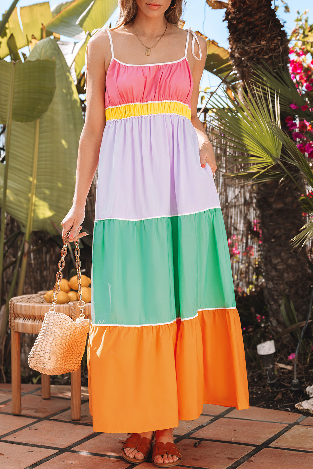 Women's Multicolour Self-tie Straps Summer Maxi Dress