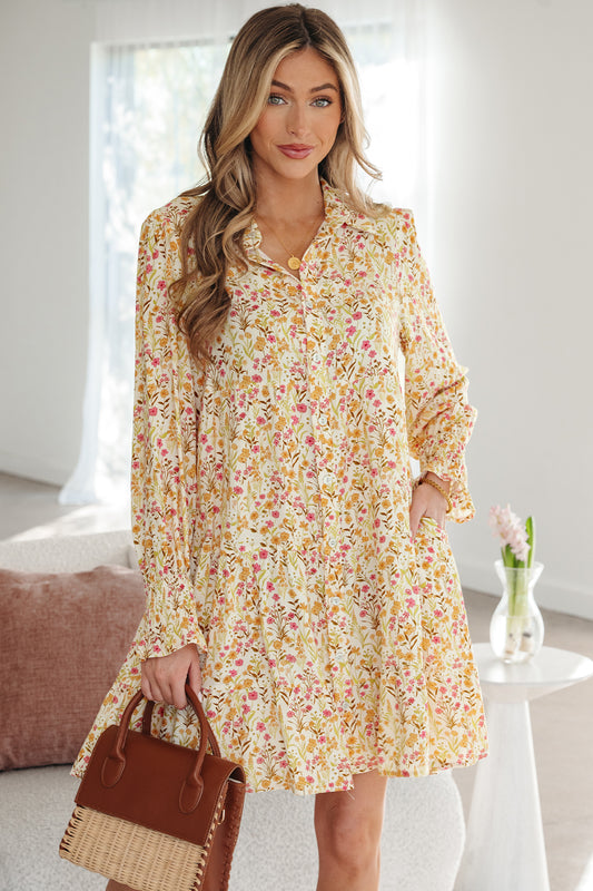Women's Yellow Floral Long Sleeve Summer Mini Dress