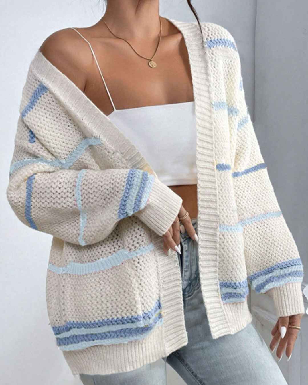 Open Front Rainbow Stripe Pocket Knit Cardigan