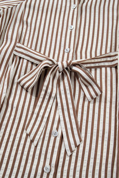 Women's Brown Stripe Puff Sleeve Summer Mini Dress