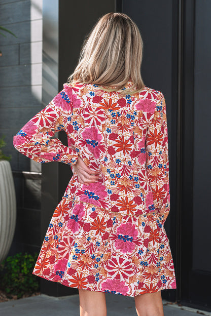 Women's Red Floral Long Sleeve Summer Mini Dress