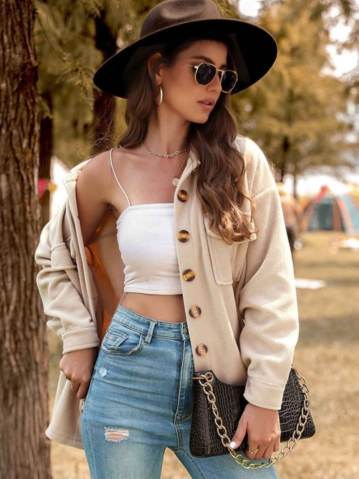 Button Through Flap Pocket Oversized Fleece Shacket