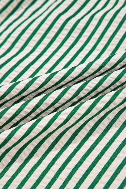 Women's Green Stripe V Neck Zip Front Summer Midi Dress