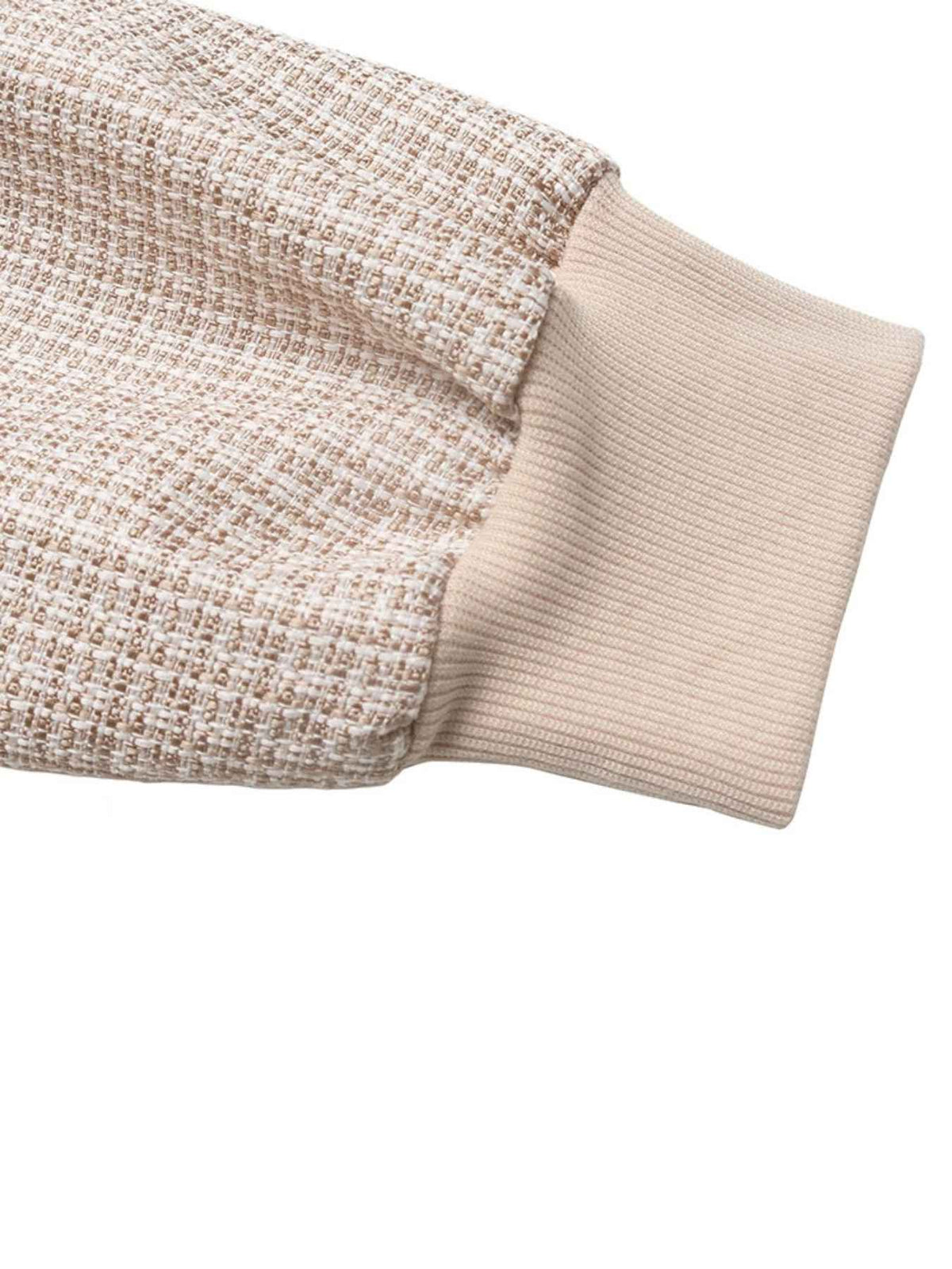 Gold Button Ribbed Trim Pocket Tweed Bomber Jacket