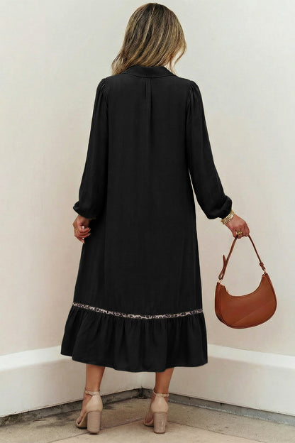 Women's Black V Neck Long Sleeve Summer Maxi Dress