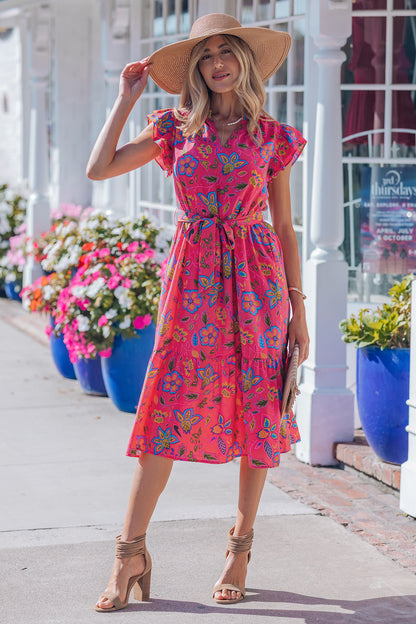 Women's Red Floral Flutter Sleeve Summer Midi Dress