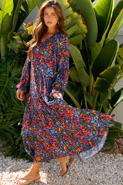 Women's Blue Floral V Neck Long Sleeve Summer Midi Dress