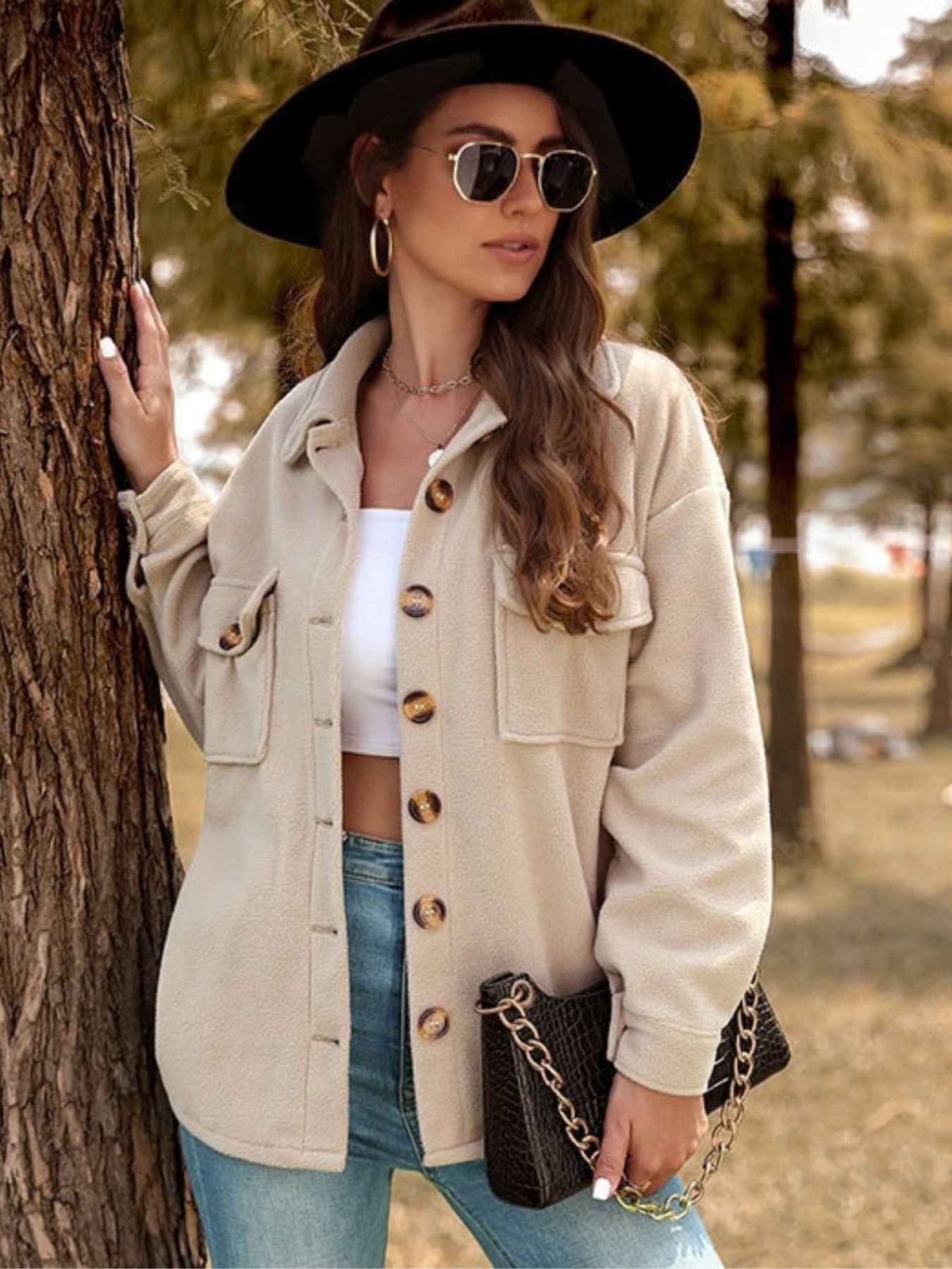 Button Through Flap Pocket Oversized Fleece Shacket