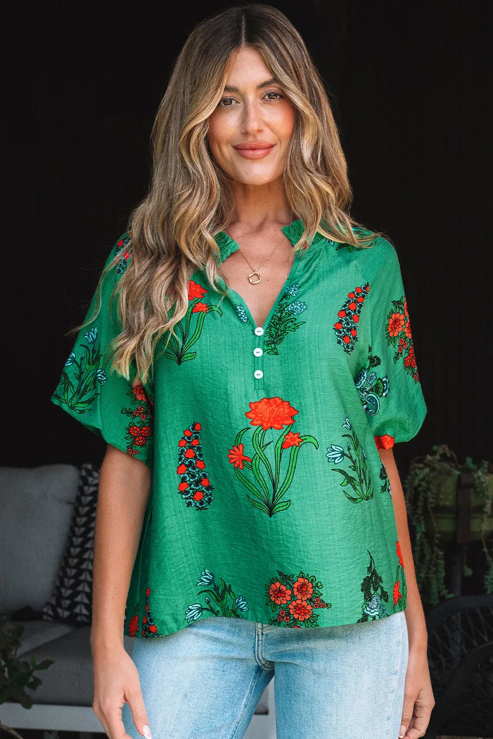 Green Floral V-Neck Blouse with Button Detail