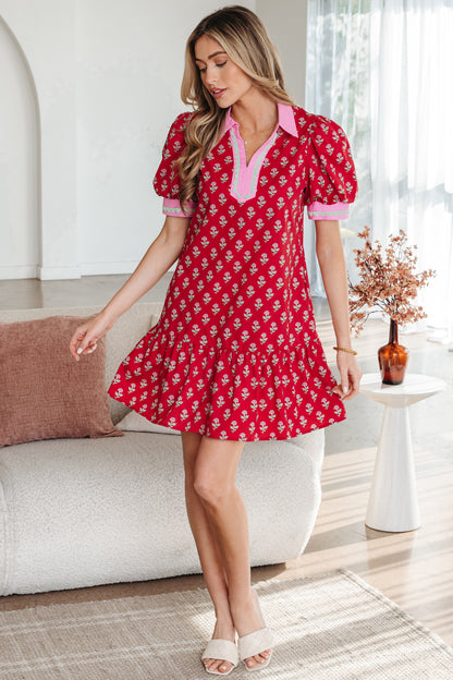 Women's Red Floral V Neck Short Sleeve Summer Mini Dress