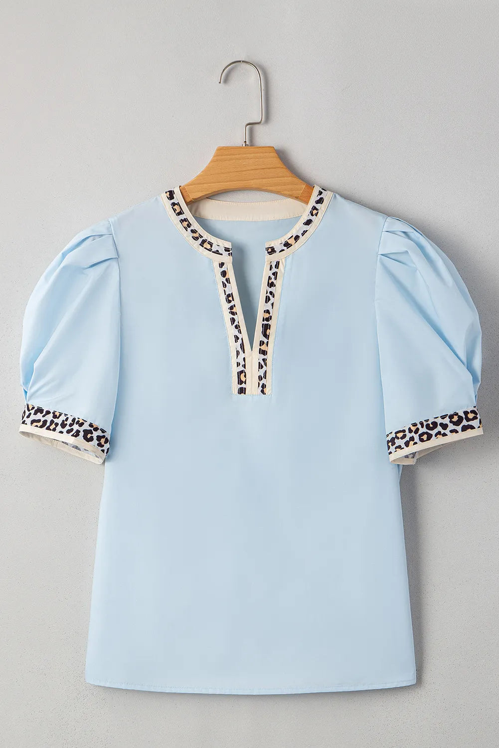 Sky Charm Puff Sleeve Blouse with Leopard Trim