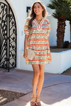 White Tulip Floral Print Cotton Puff Short Sleeve Mini Dress