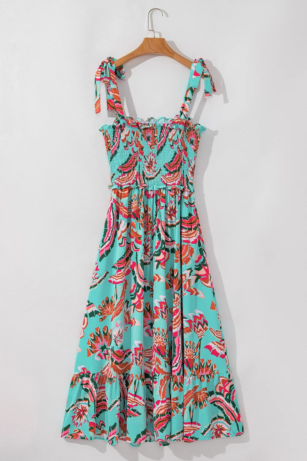 Green Abstract Smocked Maxi Dress with Knotted Straps