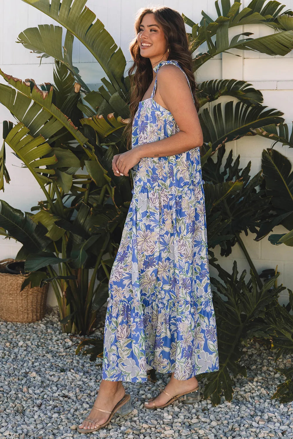 Sky Blue Floral Maxi Dress with Ruffle Tiers and Tie Straps